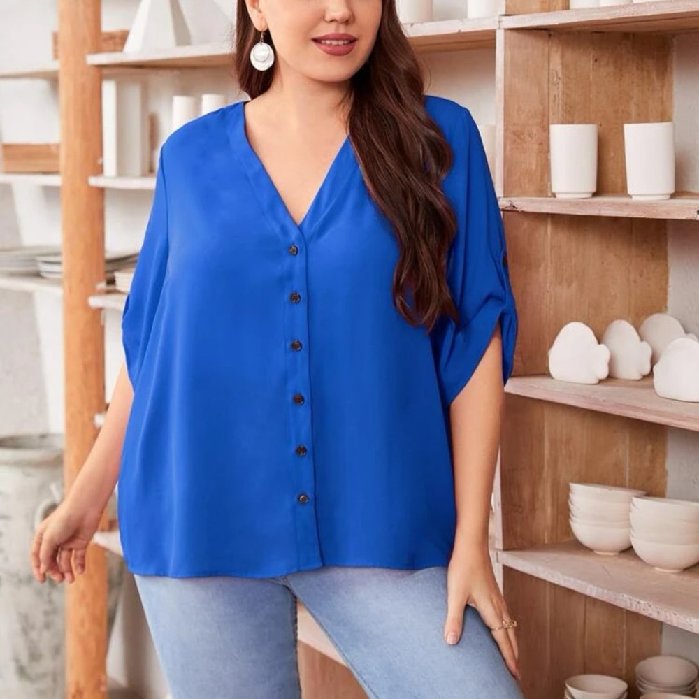 Roll tab mid length sleeves button up v neck boho blouse baby blue - Picture 10 of 14